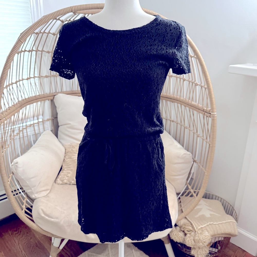 Lou & Grey Black Lace‎ Short Sleeve Dress XS Lined Eyelet Drawstring Waist